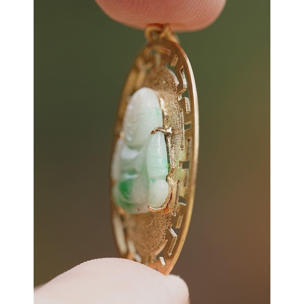 Vintage 14K‎ Solid Yellow Gold Natural Jade Happy Laughing Carved Buddha Pendant - Picture 6 of 7